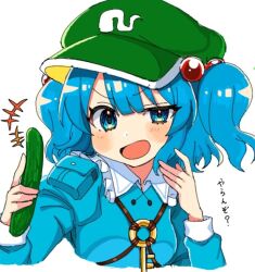 Rule 34 | +++, 1girl, blue eyes, blue hair, blue vest, blush, breasts, cropped torso, cucumber, food, frilled shirt collar, frills, hair bobbles, hair ornament, hands up, hat, holding, holding food, holding vegetable, ishiki nuru, kawashiro nitori, looking at viewer, medium hair, simple background, small breasts, solo, touhou, two side up, uneven eyes, upper body, v-shaped eyebrows, vegetable, vest, white background
