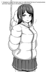 Rule 34 | 1girl, arms behind back, down jacket, english text, flying sweatdrops, greyscale, hanged, hood, hooded jacket, hoodie, jacket, jj.jj, long hair, long sleeves, looking at viewer, miniskirt, mole, mole under mouth, monochrome, noose, open mouth, original, parted bangs, rope, simple background, skirt, smile, solo, standing, sweatdrop, white background, zipper