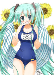 Rule 34 | 10s, 1girl, 39, 2013, :d, artist name, dated, flower, green eyes, green hair, hatsune miku, kanna satsuki, long hair, one-piece swimsuit, open mouth, school swimsuit, signature, smile, sunflower, swimsuit, towel, twintails, vocaloid