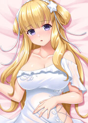 Rule 34 | 1girl, bed sheet, blonde hair, breasts, cleavage, collarbone, double bun, dress, fingernails, fletcher (kancolle), hair bun, hair ornament, highres, kantai collection, large breasts, long hair, looking at viewer, lying, on back, purple eyes, ruin re birth, solo, star (symbol), star hair ornament, upper body, white dress
