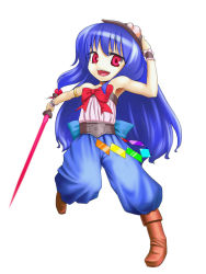 Rule 34 | 1girl, bare shoulders, blue hair, boots, chrono (series), chrono trigger, cosplay, female focus, flat chest, highres, hinanawi tenshi, long hair, marle (chrono trigger), marle (cosplay), nanatsu (chatge), parody, red eyes, smile, solo, sword, touhou, weapon
