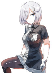 Rule 34 | 1girl, alternate costume, bad id, bad pixiv id, belko, black pantyhose, blue eyes, blue skirt, breasts, closed mouth, collared shirt, commentary request, employee uniform, gloves, grey hair, hair ornament, hair over one eye, hairclip, hamakaze (kancolle), kantai collection, knee up, large breasts, lawson, looking at viewer, name tag, pantyhose, pleated skirt, shirt, simple background, skirt, solo, translated, uniform, white background, white gloves, wing collar