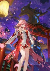 Rule 34 | 1girl, animal ears, bare legs, bare shoulders, cherry blossoms, commentary request, feet out of frame, flute, fox ears, genshin impact, highres, holding, holding instrument, instrument, long hair, looking at viewer, nima (niru54), petals, pink hair, purple eyes, red skirt, shirt, skirt, sleeveless, sleeveless shirt, solo, standing, thighs, tree, very long hair, white shirt, yae miko