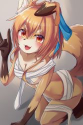 Rule 34 | 1girl, ahoge, animal ear fluff, animal ears, arched back, bandages, blonde hair, blue bow, blush, bow, breasts, brown eyes, cleavage, fang, female focus, fox ears, fox tail, furry, furry female, gradient background, grey background, hair bow, highres, kneeling, leaning forward, naked bandage, natadeko kitsune, open mouth, original, short hair with long locks, small breasts, solo, tail