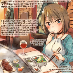 Rule 34 | 1girl, alcohol, alternate costume, blue eyes, brown hair, chopsticks, colored pencil (medium), commentary request, cup, dated, drinking glass, food, hair between eyes, hair ornament, holding, holding chopsticks, kantai collection, kirisawa juuzou, long sleeves, maya (kancolle), numbered, salad, short hair, sitting, solo, traditional media, translation request, twitter username, wine, wine glass, x hair ornament