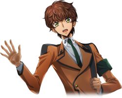 Rule 34 | 1boy, against glass, armband, artist request, brown hair, buttons, clenched hand, code geass, code geass: lost stories, collared shirt, cropped torso, dutch angle, game cg, green eyes, green necktie, hands up, jacket, kururugi suzaku, long sleeves, male focus, military uniform, necktie, non-web source, official art, open mouth, orange jacket, shirt, short hair, sidelocks, simple background, solo, standing, surprised, teeth, transparent background, uniform, upper body, white shirt, wide-eyed