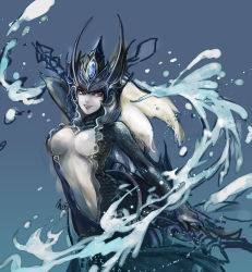 Rule 34 | 1girl, aa2233a, breasts, cleavage, fins, fish tail, headpiece, large breasts, league of legends, mermaid, monster girl, nami (league of legends), red eyes, scales, solo, staff, tail, water