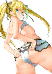 Rule 34 | 1girl, adjusting clothes, adjusting swimsuit, ass, bikini, black ribbon, blonde hair, blue eyes, breasts, cowboy shot, dead or alive, dutch angle, eyebrows, flat chest, frilled bikini, frills, from behind, from below, hair ribbon, long hair, looking at viewer, looking back, marie rose, ribbon, saburou (hgmg), simple background, small breasts, solo, standing, swimsuit, thighs, twintails, white background, white bikini