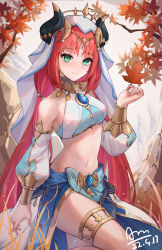 Rule 34 | 1girl, absurdres, autumn leaves, bare shoulders, breasts, brooch, chiyo akira, circlet, closed mouth, crop top, dated, detached sleeves, forehead jewel, genshin impact, gold trim, green eyes, hand up, highres, holding, holding leaf, horns, jewelry, leaf, long hair, long sleeves, low twintails, navel, neck ring, nilou (genshin impact), outdoors, parted bangs, puffy long sleeves, puffy sleeves, red hair, signature, skirt, small breasts, smile, solo, stomach, thighlet, thighs, twintails, vambraces, veil, vision (genshin impact)