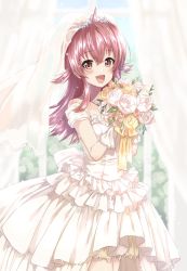 Rule 34 | 1girl, ahoge, back bow, blurry, blurry background, blush, bouquet, bow, commentary request, curtains, day, dress, flower, frilled dress, frills, gloves, hair between eyes, highres, holding, holding bouquet, idolmaster, idolmaster shiny colors, indoors, jewelry, komiya kaho, kuroi mimei, long hair, looking at viewer, necklace, open mouth, red eyes, rose, smile, solo, tiara, veil, wedding dress, white dress, white gloves, window