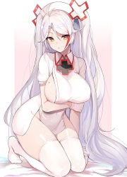 Rule 34 | 1girl, antenna hair, azur lane, blush, breasts, covered erect nipples, dress, hair between eyes, has bad revision, has downscaled revision, hat, highres, large breasts, long hair, looking at viewer, luse maonang, md5 mismatch, mole, mole on breast, multicolored hair, nurse, nurse cap, prinz eugen (azur lane), red hair, resolution mismatch, short dress, short sleeves, silver hair, skindentation, solo, source smaller, streaked hair, thighhighs, two side up, very long hair, white dress, white thighhighs