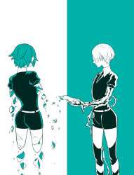 Rule 34 | 2others, amputee, androgynous, aqua hair, aqua theme, ass, belt, black necktie, broken, contrast, covered eyes, crystal hair, dual persona, facing away, floating, gem uniform (houseki no kuni), golden arms, hair over eyes, holding hands, houseki no kuni, kamishiro (lofter), liquid, monochrome, multiple others, necktie, other focus, phosphophyllite, puffy short sleeves, puffy sleeves, quadruple amputee, severed hand, severed limb, shards, short hair, short jumpsuit, short sleeves, simple background, spoilers, standing, striped skin