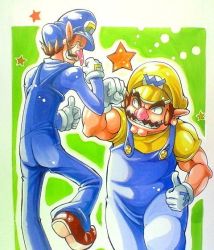 Rule 34 | 2boys, anei, brothers, brown hair, facial hair, fist bump, gloves, hat, long nose, male focus, mario (series), marker (medium), multiple boys, muscular, mustache, nintendo, overalls, red nose, siblings, thumbs up, traditional media, waluigi, wario, white gloves