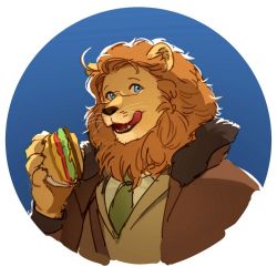 Rule 34 | 1boy, america (hetalia), animal ears, axis powers hetalia, blue background, blue eyes, bomber jacket, burger, food, furrification, furry, furry male, glasses, holding, holding food, jacket, licking lips, lion boy, lion ears, lion hair, looking at viewer, male focus, round image, solo, to@st, tongue, tongue out, upper body, white background
