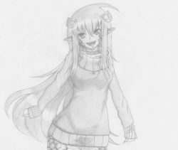 Rule 34 | 10s, 1girl, :d, breasts, choker, cowboy shot, fang, greyscale, hair ornament, hairclip, k4t4n4art, lamia, long hair, long sleeves, md5 mismatch, miia (monster musume), monochrome, monster girl, monster musume no iru nichijou, open mouth, pointy ears, resized, resolution mismatch, scales, sketch, smile, solo, source smaller, sweater, traditional media, upscaled, very long hair