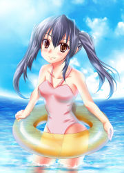 Rule 34 | 1girl, black hair, breasts, brown eyes, female focus, highres, innertube, izumi akane, k-on!, long hair, nakano azusa, one-piece swimsuit, outdoors, sky, solo, submerged, swim ring, swimsuit, twintails, wading, water