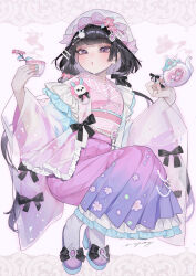 1girl black_bow black_hair blue_nails blush bow cherry_blossoms commentary cup floral_print_skirt flower frilled_kimono frills hair_bow hair_flower hair_ornament hakama hakama_skirt hands_up highres hime_cut holding holding_cup holding_teapot japanese_clothes kimono knees_up long_hair long_sleeves looking_at_viewer mayuri_kaichou nail_polish obi original parted_lips pink_flower pink_kimono purple_eyes purple_footwear purple_skirt sash signature skirt socks solo teapot white_socks wide_sleeves