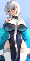 Rule 34 | 1girl, absurdres, arms at sides, azur lane, bad id, bad pixiv id, belfast (azur lane), belfast (iridescent rosa) (azur lane), belfast (iridescent rosa) (azur lane), blue background, blue dress, blue eyes, braid, breasts, cleavage cutout, clothing cutout, collar, cowboy shot, dress, earrings, head tilt, highres, huge breasts, jewelry, long hair, looking at viewer, mingakk, parted lips, pelvic curtain, side braid, simple background, solo, thighhighs, white hair, white thighhighs