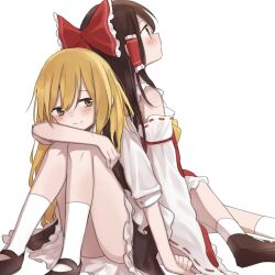 Rule 34 | 2girls, arm on knee, ascot, black footwear, blonde hair, blush, bow, brown hair, closed mouth, commentary, detached sleeves, frilled bow, frilled hair tubes, frills, hair bow, hair tubes, hakurei reimu, inuko (ink0425), kirisame marisa, long hair, mary janes, multiple girls, no headwear, red bow, ribbon-trimmed sleeves, ribbon trim, shoes, simple background, sitting, smile, socks, touhou, white background, white socks, yellow ascot, yellow eyes, yuri
