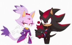 Rule 34 | 1boy, 1girl, animal ears, black fur, black suit, blaze the cat, cat ears, cat girl, cat tail, chao (sonic), dark chao, eyelashes, forehead jewel, formal, fur-trimmed gloves, fur trim, furry, furry female, furry male, gloves, gold necklace, jacket, jewelry, motobug, necklace, ponytail, purple fur, purple jacket, red eyes, red fur, shadow the hedgehog, simple background, sonic (series), suit, tail, two-tone fur, white background, white gloves, yellow eyes