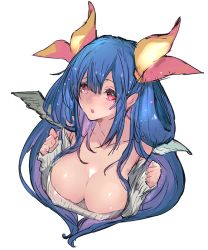 Rule 34 | 1girl, alternate costume, bare shoulders, blue hair, breasts, dizzy (guilty gear), guilty gear, large breasts, oro (sumakaita), red eyes, ribbon, solo, sweater, wings, yellow ribbon
