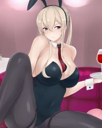 Rule 34 | &gt;:(, 1girl, absurdres, animal ears, bare shoulders, between breasts, black hairband, black leotard, black pantyhose, blonde hair, blue eyes, breasts, cleavage, closed mouth, couch, covered navel, cross, cup, drinking glass, fake animal ears, graf zeppelin (kancolle), hair between eyes, hairband, highres, holding, holding tray, iron cross, kantai collection, large breasts, leotard, long hair, looking at viewer, maruyaa (malya1006), necktie, necktie between breasts, on couch, pantyhose, playboy bunny, rabbit ears, red necktie, sidelocks, sitting, solo, spread legs, strapless, strapless leotard, thighband pantyhose, tray, v-shaped eyebrows, wine glass, wrist cuffs
