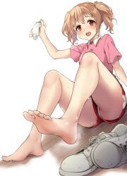 Rule 34 | 1girl, :d, arm at side, barefoot, blush, collared shirt, dot nose, dutch angle, feet, foot focus, foot up, gym shorts, hair between eyes, highres, holding, holding clothes, holding footwear, idoly pride, kawasaki sakura (idoly pride), knees up, legs apart, long bangs, looking at viewer, open mouth, orange eyes, orange hair, panties, pantyshot, pink shirt, plum (arch), polo shirt, raised eyebrows, red shorts, shirt, shoes, unworn shoes, short sleeves, short twintails, shorts, sidelocks, simple background, sitting, smile, socks, unworn socks, soles, solo, sweat, teeth, toes, twintails, underwear, upper teeth only, wet, wet hair, white background, white footwear, white panties, white socks
