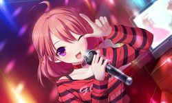 Rule 34 | 00s, 1girl, ;d, ahoge, collar, fang, female focus, finger up, fujikawa runa, hair ornament, hairclip, hatsukoi, light, microphone, one eye closed, open mouth, pink hair, purple eyes, smile, solo, striped, television, wink