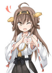 Rule 34 | 10s, 1girl, brown eyes, brown hair, hair between eyes, highres, japanese clothes, kantai collection, kongou (kancolle), long hair, miko, nontraditional miko, one eye closed, personification, solo, ukami, wink