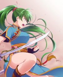 Rule 34 | 1girl, black gloves, earrings, fingerless gloves, fire emblem, fire emblem: the blazing blade, from side, gloves, green eyes, green hair, hiyori (rindou66), holding, holding sword, holding weapon, jewelry, long hair, lyn (fire emblem), nintendo, open mouth, ponytail, short sleeves, solo, sword, twitter username, weapon