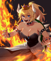 Rule 34 | 1girl, armlet, black background, black dress, blonde hair, blue eyes, bowsette, bracelet, collar, dress, earrings, fire, getgyu, horns, jewelry, mario (series), new super mario bros. u deluxe, nintendo, open mouth, ponytail, sharp teeth, sidelocks, solo, spiked armlet, spiked bracelet, spiked collar, spiked shell, spikes, standing, strapless, strapless dress, super crown, teeth