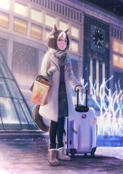Rule 34 | 1girl, absurdres, alternate costume, animal ears, bag, black skirt, black thighhighs, blush, boots, brown coat, brown hair, building, coat, commentary request, fur boots, highres, holding, holding bag, horse ears, horse girl, horse tail, leg warmers, long sleeves, mittens, multicolored hair, night, outdoors, pantyhose, ponpochi, purple eyes, real world location, sapporo (city), sapporo station, scarf, shopping bag, short hair, skirt, snow, snowing, solo, special week (umamusume), standing, suitcase, tail, thighhighs, tree, two-tone hair, ugg boots, umamusume