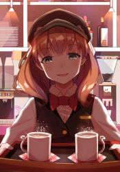Rule 34 | 10s, 1girl, black hat, blue eyes, bow, bowtie, brown hair, coffee, coffee beans, coffee maker, coffee mug, cup, employee uniform, hat, heart, highres, holding, holding tray, idolmaster, idolmaster cinderella girls, looking at viewer, mug, name tag, pot-palm, red bow, red bowtie, sakuma mayu, shaded face, short hair, smile, solo, tray, uniform