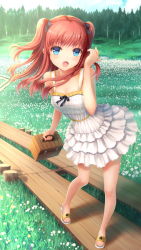 Rule 34 | 1girl, :o, bare arms, bare shoulders, basket, black ribbon, blue eyes, day, dress, field, flower, flower field, forest, grass, hair ribbon, highres, lan xing luren, leaning forward, legs, long hair, looking at viewer, meadow, nature, no socks, open mouth, original, outdoors, picnic basket, plank, red hair, ribbon, sandals, sleeveless, sleeveless dress, solo, standing, sundress, tree, twintails, two side up, youbou