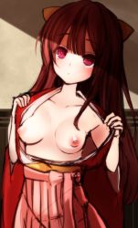 Rule 34 | 10s, 1girl, bow, breasts, collarbone, cowboy shot, hair bow, hakama, hakama skirt, head tilt, inverted nipples, japanese clothes, kamikaze (kancolle), kantai collection, kinniku jelly, long hair, looking at viewer, nipples, no bra, nontraditional miko, pink bow, pink eyes, pink hakama, pink skirt, purple hair, skirt, solo, undressing, very long hair, yellow bow
