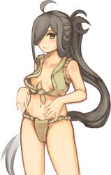 Rule 34 | 10s, 1girl, absurdly long hair, absurdres, alternate costume, alternate hair color, asashimo (kancolle), black hair, blush, breasts, cleavage, collarbone, fundoshi, green eyes, hair over one eye, hatomugi seika, highres, japanese clothes, kantai collection, long hair, looking at viewer, navel, open clothes, open shirt, ponytail, shirt, sidelocks, simple background, small breasts, solo, sweatdrop, tasuki, tied shirt, very long hair, white background