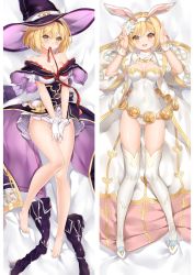 Rule 34 | 1girl, :d, animal ears, bare legs, bare shoulders, barefoot, bed sheet, belly chain, blonde hair, breasts, cleavage, collarbone, covered navel, covering privates, covering crotch, dakimakura (medium), djeeta (granblue fantasy), fake animal ears, from above, gluteal fold, granblue fantasy, hair between eyes, hairband, hat, jewelry, leotard, long hair, looking at viewer, lying, medium breasts, miniskirt, moeanime, mouth hold, no panties, on back, open mouth, playboy bunny, pleated skirt, purple headwear, rabbit ears, red ribbon, ribbon, ribbon in mouth, shiny skin, skirt, smile, solo, split screen, strapless, strapless leotard, thighhighs, very long hair, white hairband, white leotard, white skirt, white thighhighs, witch hat, wrist cuffs, yellow eyes