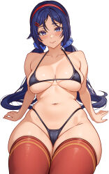 1girl absurdres bikini black_bikini blue_eyes blue_hair breasts breasts_apart cameltoe cetta_(cettadvd) closed_mouth commentary crazy_mita_(miside) hair_ornament hair_scrunchie hairband hairclip halterneck highres large_breasts long_hair looking_at_viewer low_twintails miside mita_(miside) navel paid_reward_available red_hairband red_thighhighs scrunchie simple_background smile solo swimsuit thighhighs thighs twintails