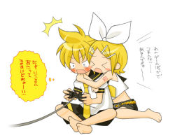Rule 34 | &gt; &lt;, 1boy, 1girl, barefoot, blush, brother and sister, controller, closed eyes, game console, game controller, hiyo (hiyococco), kagamine len, kagamine rin, playing games, playstation 2, short hair, shorts, siblings, translation request, twins, vocaloid