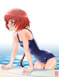 Rule 34 | 1girl, arm support, braid, darker than black, green eyes, leaning forward, long hair, maira gen, one-piece swimsuit, pool, poolside, red hair, school swimsuit, single braid, smile, solo, suou pavlichenko, swimsuit, wading, water