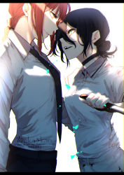 Rule 34 | 2girls, aka mikan, arm around waist, black choker, black hair, black necktie, braid, braided ponytail, breasts, chainsaw man, choker, closed mouth, collared shirt, commentary, cowboy shot, dress shirt, face-to-face, fang, from side, green eyes, hair between eyes, hair bun, highres, holding, holding knife, knife, letterboxed, light rays, looking at another, makima (chainsaw man), medium breasts, medium hair, multiple girls, necktie, open mouth, orange eyes, paint splatter, profile, red hair, reze (chainsaw man), ringed eyes, shirt, short hair, sidelocks, simple background, single hair bun, smile, sunlight, sweatdrop, white background, white shirt, wing collar