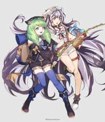 Rule 34 | 2girls, absurdres, artist name, bare shoulders, basket, black hair, boots, commission, drill hair, feather hair ornament, feathers, fire emblem, fire emblem: three houses, fire emblem engage, fire emblem heroes, fish, fishing rod, flayn (fire emblem), full body, green eyes, green hair, grey hair, hair ornament, highres, holding, holding basket, long hair, long sleeves, looking at viewer, multicolored hair, multiple girls, nintendo, open mouth, petite, pixiv commission, purple eyes, shorts, silvercandy gum, simple background, smile, thigh strap, thighhighs, two-tone hair, very long hair, veyle (fire emblem)