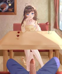 Rule 34 | 1girl, blue eyes, blush, breasts, brown hair, bulge, cleavage, cup, drinking glass, erection, erection under clothes, feet, flower, footjob, highres, jewelry, long hair, looking at viewer, necklace, open mouth, pov, restaurant, see-through, see-through legwear, shoes, unworn shoes, soles, table, toes, wine glass