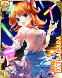 Rule 34 | 1girl, :d, blouse, blue eyes, blue skirt, bow, breasts, character name, girlfriend (kari), glowstick, hair bow, jewelry, juggling, lights, looking at viewer, medium hair, multicolored bow, necklace, night, night sky, official art, open mouth, orange hair, orange shirt, outdoors, park, pink shirt, pink bow, plaid, plaid bow, qp:flapper, sagara emi, shirt, skirt, sky, smile, solo, stairs, tagme, tied shirt, two side up, white legwear