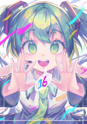 Rule 34 | 1girl, absurdres, artist name, collared shirt, detached sleeves, green eyes, green hair, gtcockroach, hands up, happy birthday, hatsune miku, headset, highres, long hair, long sleeves, looking at viewer, necktie, open mouth, shirt, sleeveless, sleeveless shirt, smile, solo, straight-on, twintails, vocaloid