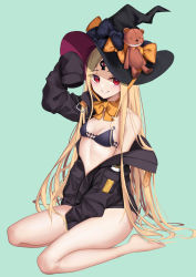 Rule 34 | 1girl, abigail williams (fate), abigail williams (second ascension) (fate), abigail williams (swimsuit foreigner) (first ascension) (fate), absurdres, bare shoulders, bikini, black bikini, black bow, black hat, black jacket, blonde hair, blush, bow, breasts, commentary request, fate/grand order, fate (series), forehead, grin, hat, highres, jacket, keyhole, long hair, long sleeves, looking at viewer, mergerri, multiple bows, orange bow, parted bangs, polka dot, polka dot bow, red eyes, sitting, small breasts, smile, solo, stuffed animal, stuffed toy, swimsuit, teddy bear, thighs, third eye, wariza, witch hat