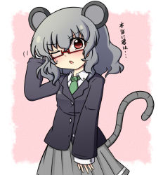 Rule 34 | 1girl, animal ears, bad id, bad pixiv id, bespectacled, blush, female focus, fuuen (akagaminanoka), glasses, grey hair, looking at viewer, mouse ears, mouse tail, nazrin, red eyes, short hair, skirt, solo, tail, touhou, translation request