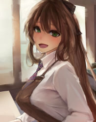 Rule 34 | 1girl, :d, akashic, alternate costume, apron, blush, breasts, brown apron, brown hair, collared shirt, commentary request, day, eyelashes, eyes visible through hair, from side, girls&#039; frontline, green eyes, hair between eyes, hair ribbon, hair rings, happy, highres, large breasts, long hair, long sleeves, looking at viewer, looking to the side, necktie, open mouth, parted bangs, ponytail, raised eyebrows, ribbon, shirt, short necktie, sidelocks, smile, solo, springfield (girls&#039; frontline), upper body, white shirt, wing collar