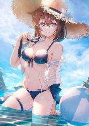 Rule 34 | 1girl, absurdres, ball, beachball, bikini, blue bikini, blue eyes, breasts, brown hair, day, hair between eyes, hat, highres, kantai collection, long hair, medium breasts, official alternate costume, open clothes, open shirt, outdoors, see-through, see-through shirt, shigure (kancolle), shigure kai san (kancolle), shirt, sho (sumika), solo, straw hat, swimsuit, thigh strap, water, wet, wet clothes, wet shirt, white shirt