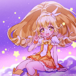 Rule 34 | 1girl, :d, blonde hair, blush, boots, commentary request, cure peace, dress, earrings, eyelashes, hair ornament, happy, jewelry, kise yayoi, knee boots, kneehighs, long hair, looking at viewer, magical girl, open mouth, ponytail, precure, signature, sitting, sketch, smile, smile precure!, socks, solo, urbandusk, wrist cuffs, yellow dress, yellow eyes